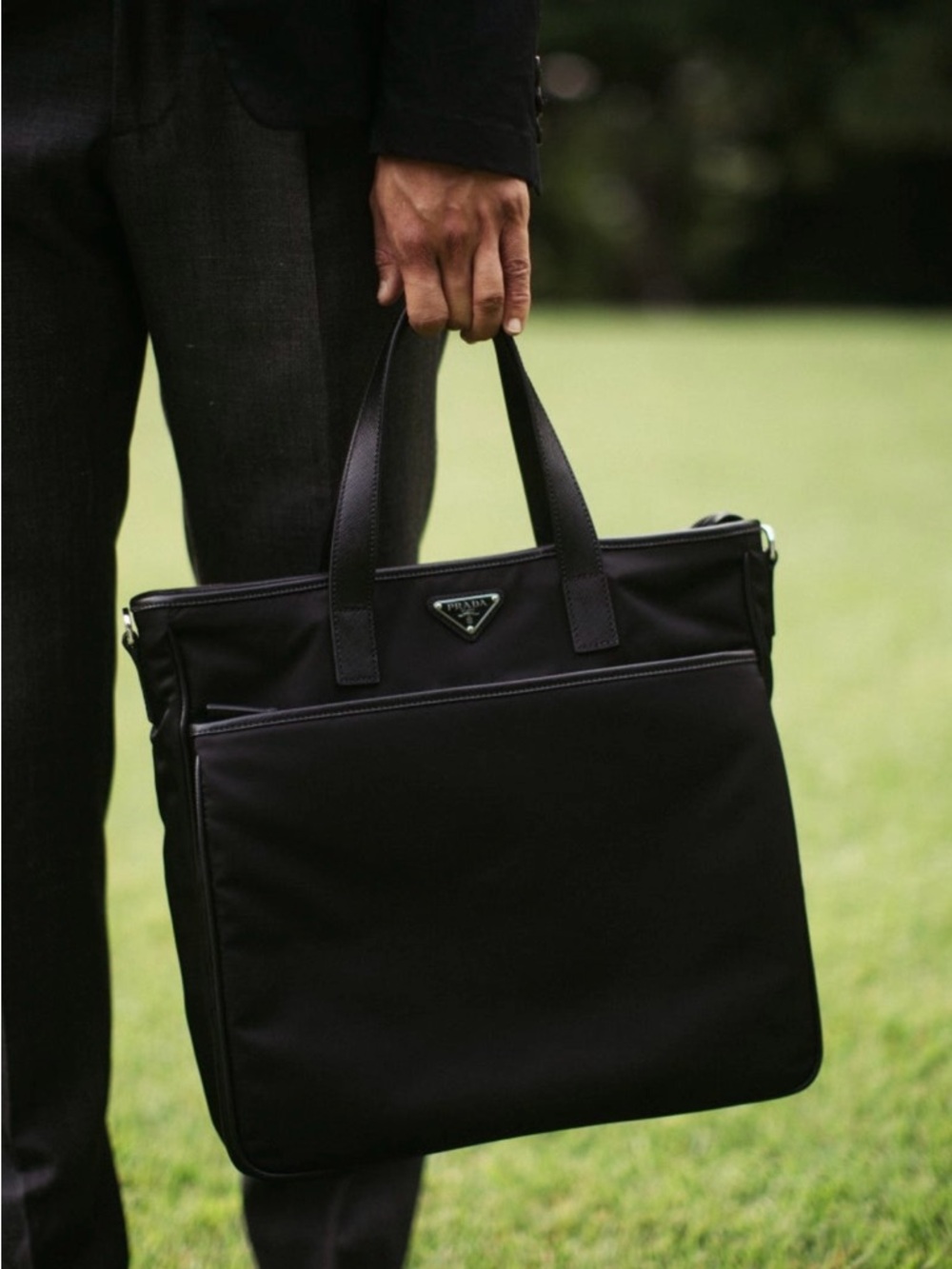 Prada 2VG032 2-way nylon and Saffiano leather unisex tote bag in black.